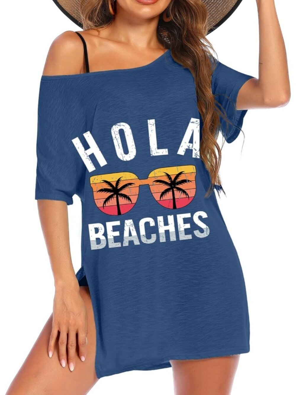 Women's Blue Hola Short Sleeve Cover Ups for Beach Bathing Suit Swimwear